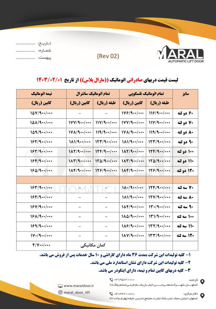 لیست قیمت درب های اتوماتیک آسانسور مارال از تاریخ 1403/2/1